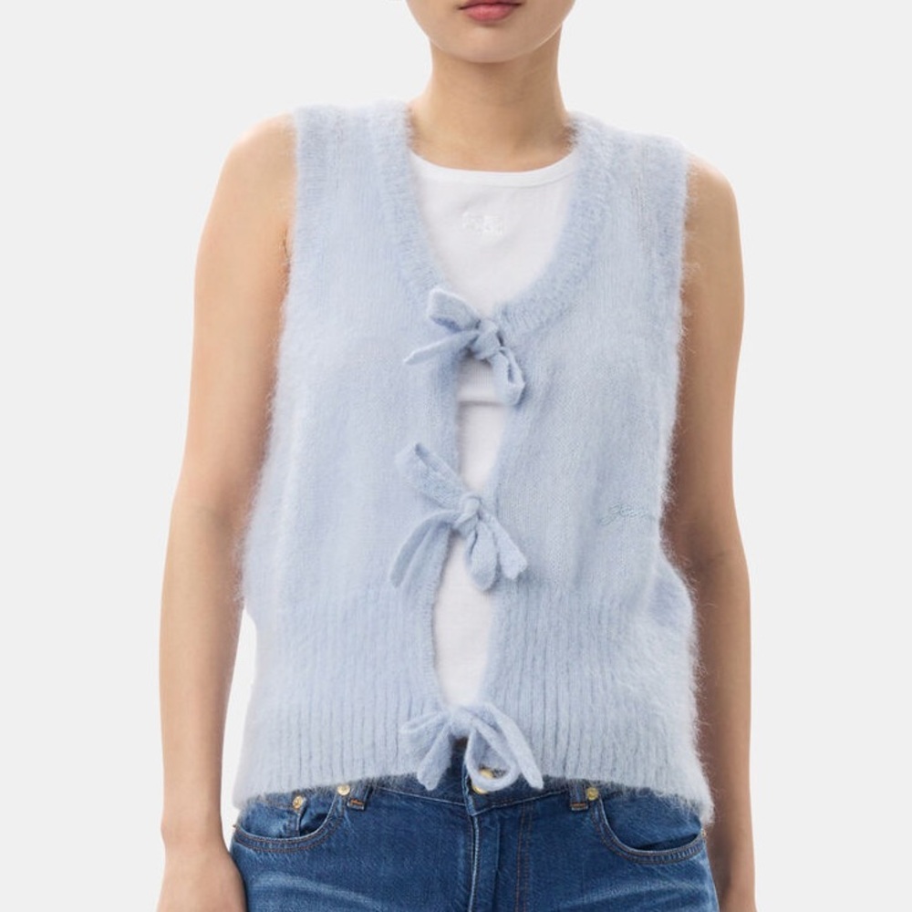 GANNI knit bow tie vest baby blue